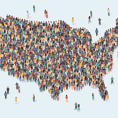 illustration of shape of USA map made up of figures of people
