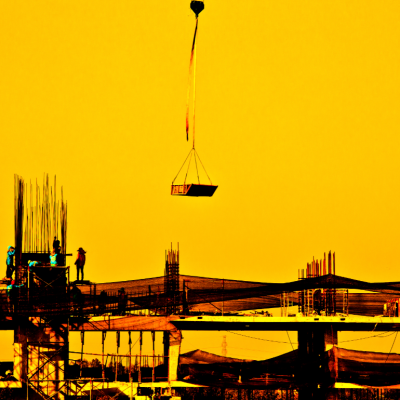 Silhouetted construction workers standing on girders wait for a crane lowering cargo with sunset yellow in the background.