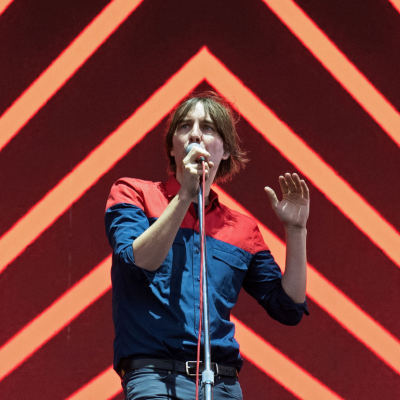 French band Phoenix lead singer Thomas Mars performs on stage during the Festival d'ETE Concert in Quebec City on 12 July 2018.