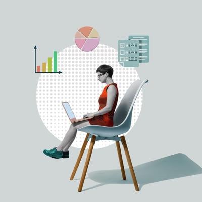 A modern style collage of person sitting in chair working on laptop with visual elements of expenses and reports overhead; concept of tracking business expenses.