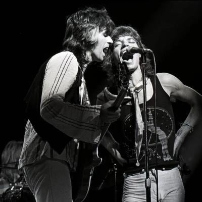 Kieth Richards and Mick Jagger of The Rolling Stones perform onstage in 1972.