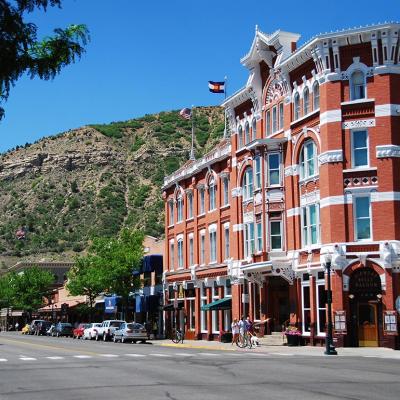 View of Main Avenue in Durango, CO featuring Strater hotel on the right.