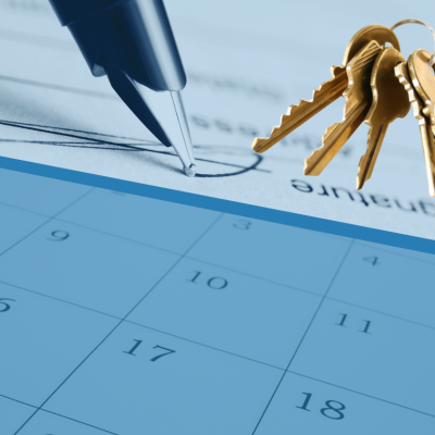 Illustration of contract signing, calendar and house keys.