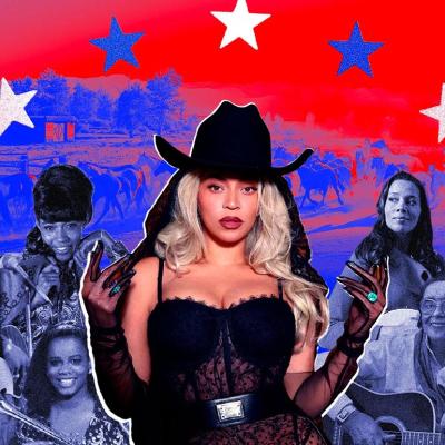 Photo illustration collage of Beyonce wearing cowboy hat with other country musicians behind her in black and white.