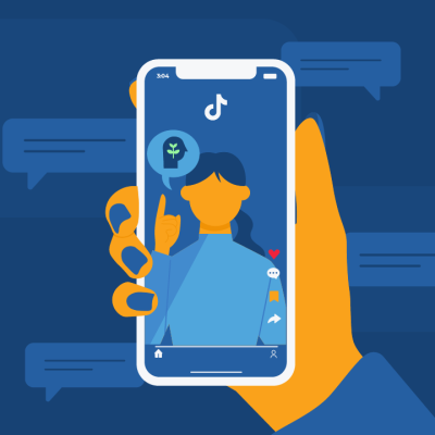 A digital illustration with a hand holding a smartphone with the TikTok app open.