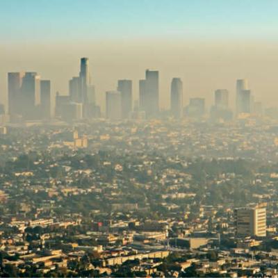 View of the Los Angeles skyline surrounded by smog