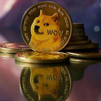 Dogecoin with Shiba Inu face balanced on reflective surface with abstract purple and pink background.
