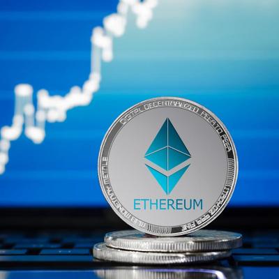 Silver ethereum coin with conceptual finance chart in background.