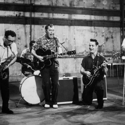 Bill Haley and His Comets perform in the film 'Don't Knock the Rock' in 1956 in Los Angeles, California.