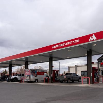 A Maverik gas station and convenience store are photographed on a cloudy day in Wyoming, USA on May 8, 2023.