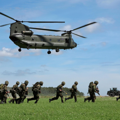 A CH-47 Chinook helicopter takes part in a mission rehearsal exercise by the 3 Commando Brigade (Royal Marines) on Salisbury Plains, Wiltshire, southern England, ahead of their August deployment to Afghanistan, on July 30, 2008