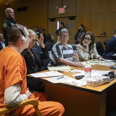  James Crumbley, Jennifer Crumbley, and attorneys sit in court for sentencing on four counts of involuntary manslaughter for the deaths of four Oxford High School students who were shot and killed by the Crumbley parents' son.