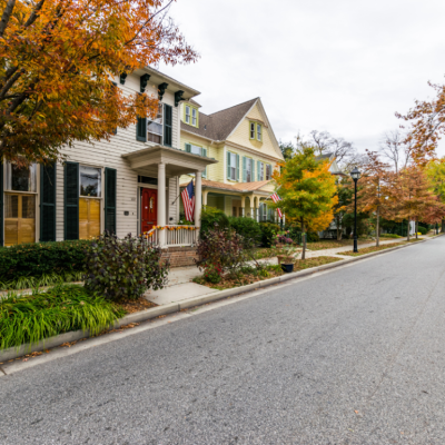 Autumn foliage on a residential street in a Maryland small town.