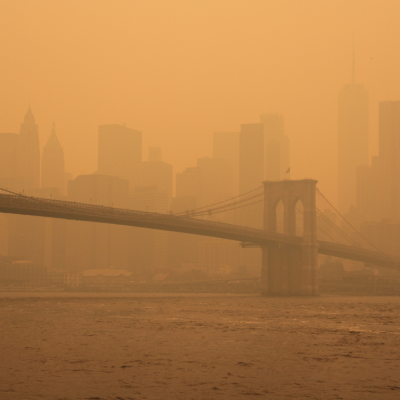 A view of the New York City skyline covered in haze from Canadian wildfires