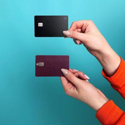 Photo of two hands holding a credit card with each photographed with a teal background.