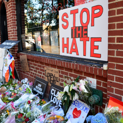 Memorial outside the landmark Stonewall Inn for the victims of the mass shooting in Orlando in 2016 in New York City.