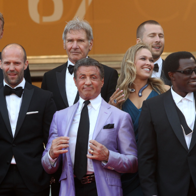 Dolph Lundgren, Harrison Ford, director Patrick Hughes, actors Antonio Banderas, Jason Statham, Sylvester Stallone, Ronda Rousey and Wesley Snipes attend "The Expendables 3" Premiere at the 67th Annual Cannes Film Festival on May 18, 2014 in Cannes, France.