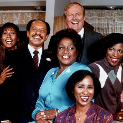 The cast of the TV sitcom 'The Jeffersons'—Berlinda Tolbert, Sherman Hemsley, Isabel Sanford, Franklin Cover, Roxie Roker, and Marla Gibbs—circa 1977 in Los Angeles, California. 