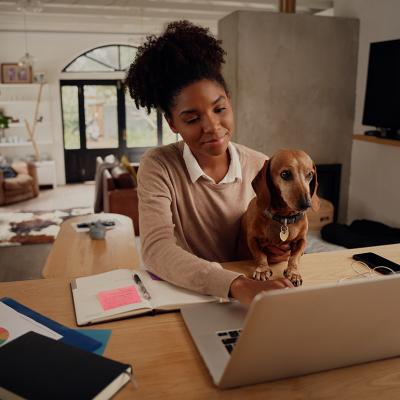 A woman working from home is sitting happily with her dog using a laptop.