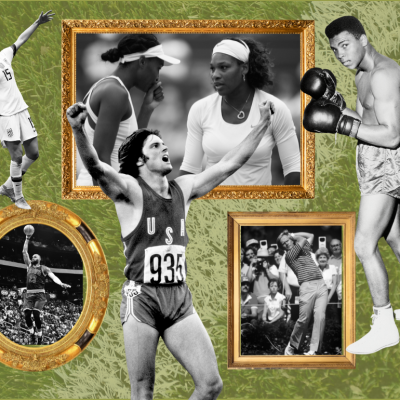 A collage-style photo illustration featuring some of the most famous athletes such as Venus and Serena Williams, LeBron James, Muhammad Ali, Bruce Jenner, Megan Rapinoe, and Jack Nicklaus from moments of their sports events over the past 69 years.