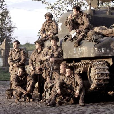 The cast acts in a scene from HBO's war miniseries 'Band of Brothers.'