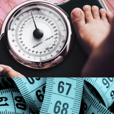 A split screen with one photo showing a close up of a pair of feet on a scale with the bottom photo showing measuring tape. 