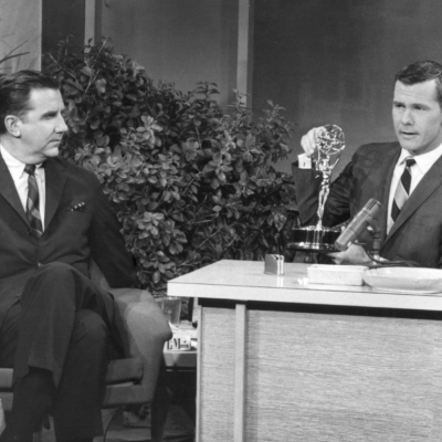 American television host and comedian Johnny Carson (1925 - 2005, right) with Ed McMahon on his talk show 'The Tonight Show Starring Johnny Carson', circa 1965.