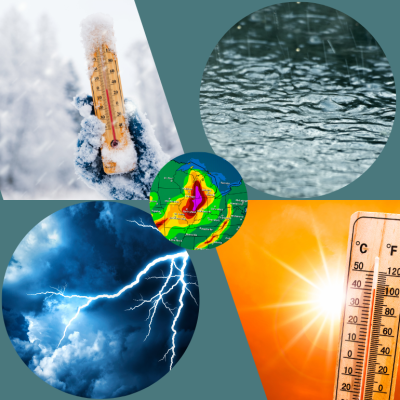 An image collage showing sun, snow, rain, lightning and a weather map.