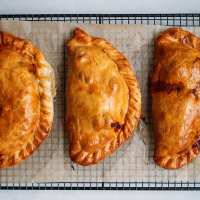 Traditional Cornish pasty with puff pastry.