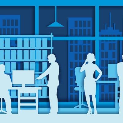 Concept of working office illustrated by silhouettes of employees made with white cut paper on blue background.