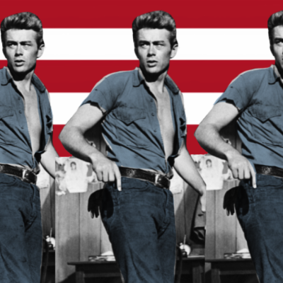 A photo illustrations depicting James Dean wearing jeans against a backdrop of the American flag.