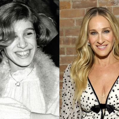 Two side-by-side images of actor Sarah Jessica Parker, as a young actor in 1979 (left) and in 2023 (right)
