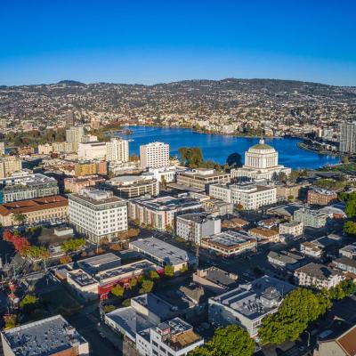 Aerial view of East Bay including downtown Oakland, California.
