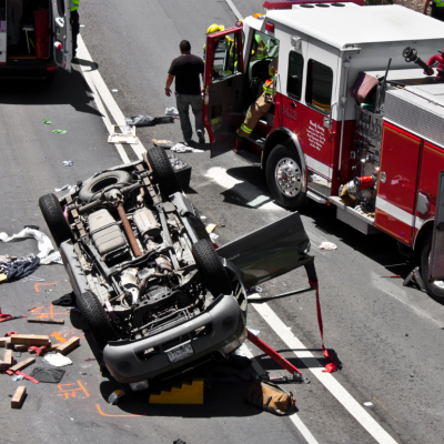 The scene of a traffic accident involving an overturned sport utility vehicle.