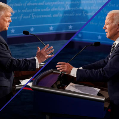 A split screen image of Donald Tump and Joe Biden standing at podiums. 