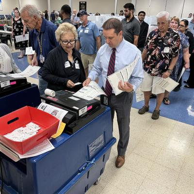 Maricopa County Elections Director Scott Jarrett casts a fake ballot during a mock election on May 29, 2024. 