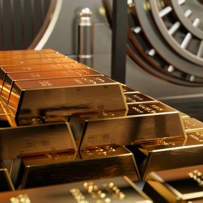 A pile of gold bars inside a bank vault