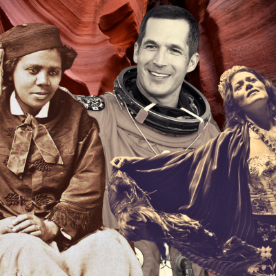 A digital illustration featuring cut out images of Edmonia Lewis, John Herrington, and Lila Downs against a red-brown smooth stone textured background.