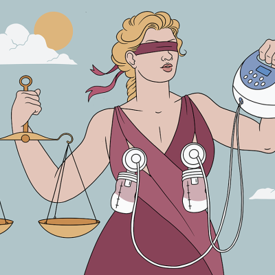 Illustration showing concept of injustice for nursing parents; lady justice is depicted pumping milk, holding scales in one hand and breast pump in the other.