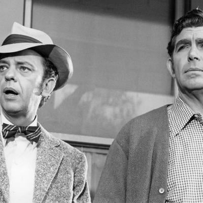 Actors Don Knotts, as Barney Fife, and Andy Griffith, as Sheriff Andy Taylor in the U.S. sitcom 'The Andy Griffith Show', circa 1965.