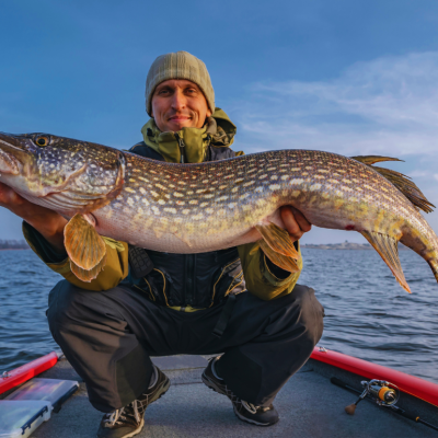 Smiling angler holding big pike fish.