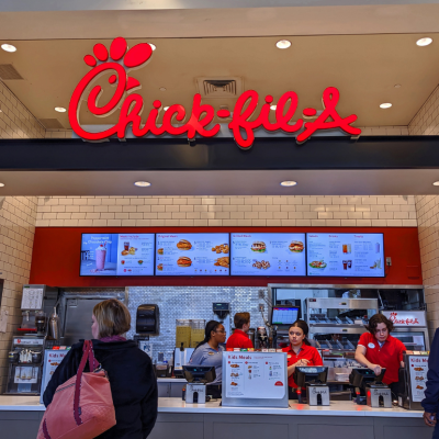 A Chick-Fil-A ordering counter in a food court in Peabody, Massachusetts