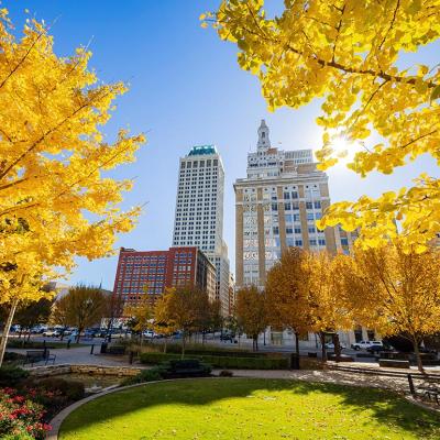 A view of a park and buildings in downtown Tulsa, Oklahoma.