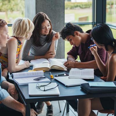 A group of five young adult students engaged in a discussion around a table.