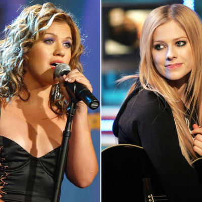 Singer Kelly Clarkson performs at the NBC Studios on August 9, 2004 in Burbank, California; Musician Avril Lavigne performs at Fuse Studios in Dec. 2004 in New York City.