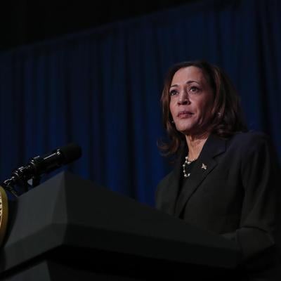 US Vice President Kamala Harris makes remarks before a moderated conversation July 17, 2024 in Kalamazoo, Michigan.