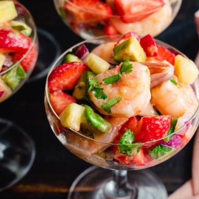 Strawberry shrimp ceviche served in coupe glasses.