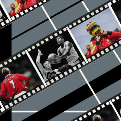 Filmstrip negatives showing different frames of well-known athletes; concept of sports documentary movies.