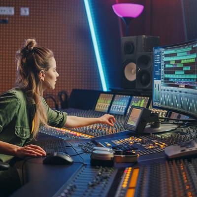 A female DJ inside a sound booth working on production.