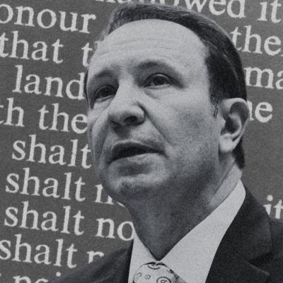 Photo illustration of Louisiana Governor Jeff Landry photo with ten commandments in the background.